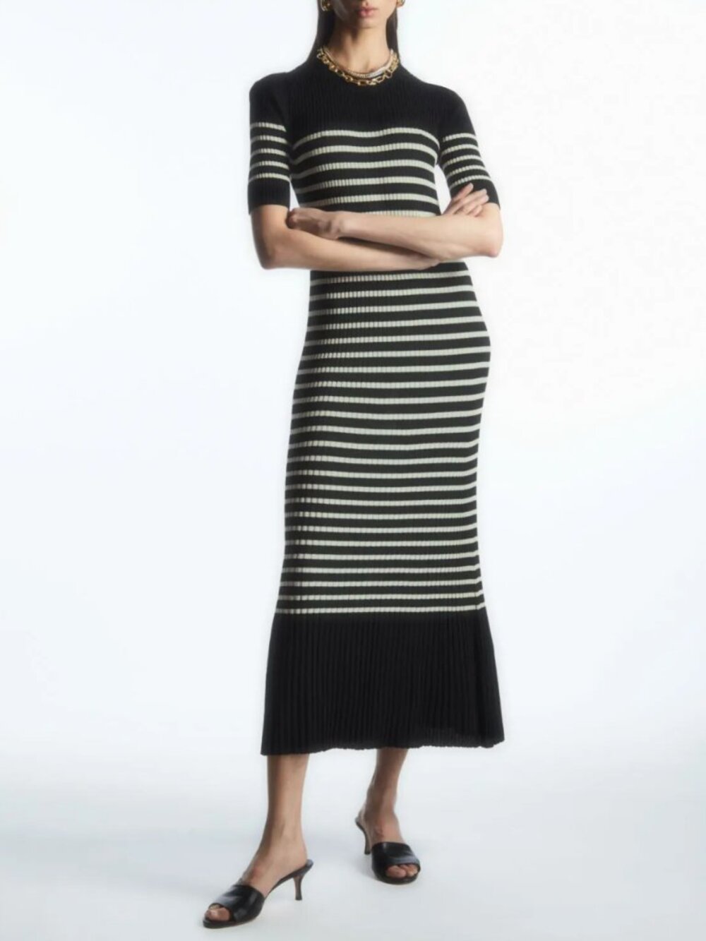 COS Breton Striped Knitted Fit & Flare Midi Dress Minimalist Quiet Luxury